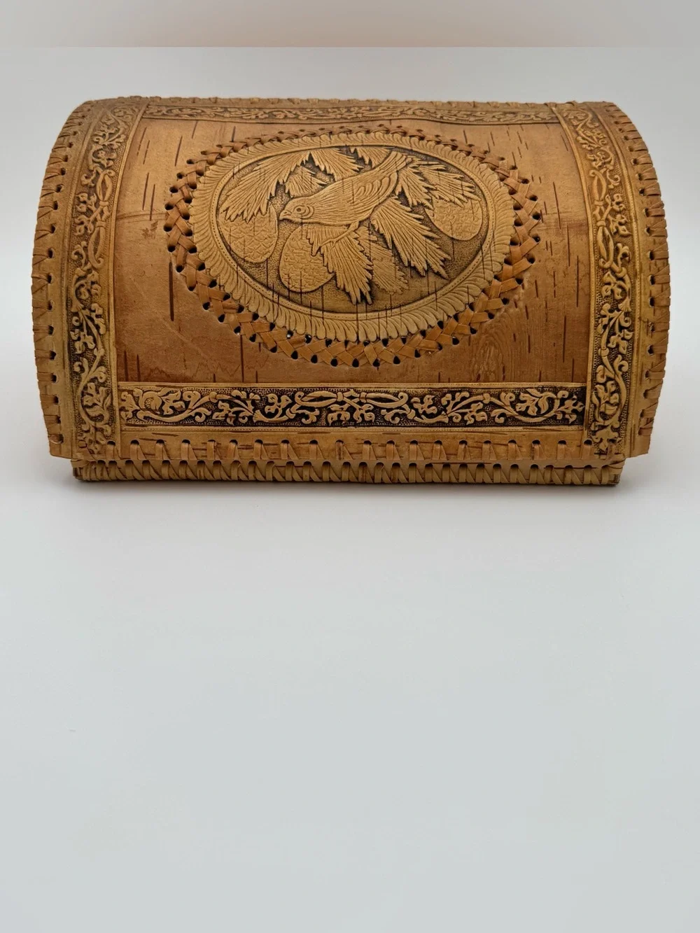 Handcrafted Birch Bark Storage Chest with Bird Carving – Rustic Folk Art